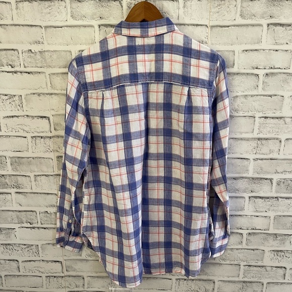 Women’s L.L. Bean blue, white & pink plaid 100% linen button down shirt Small - Picture 2 of 4